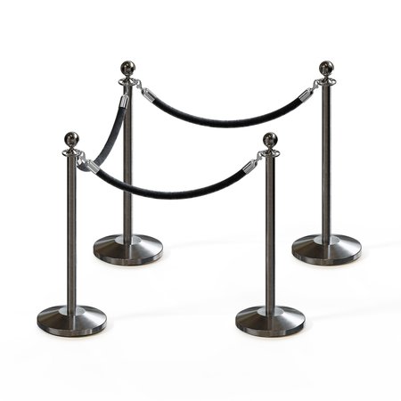 MONTOUR LINE Stanchion Post and Rope Kit Sat.Steel, 4 Ball Top3 Black Rope C-Kit-4-SS-BA-3-PVR-BK-PS